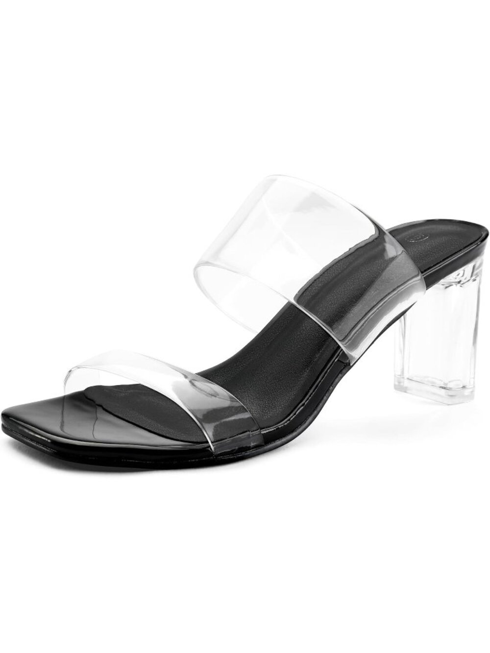 Women's Black Transparent Two Strap Block Chunky Square Heel Sandals Open Toe